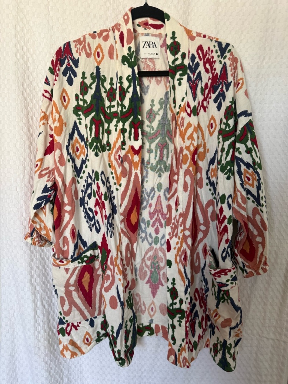 ZARA Boho Ikat Print Open Front Kimono Jacket Size L - Picture 2 of 6